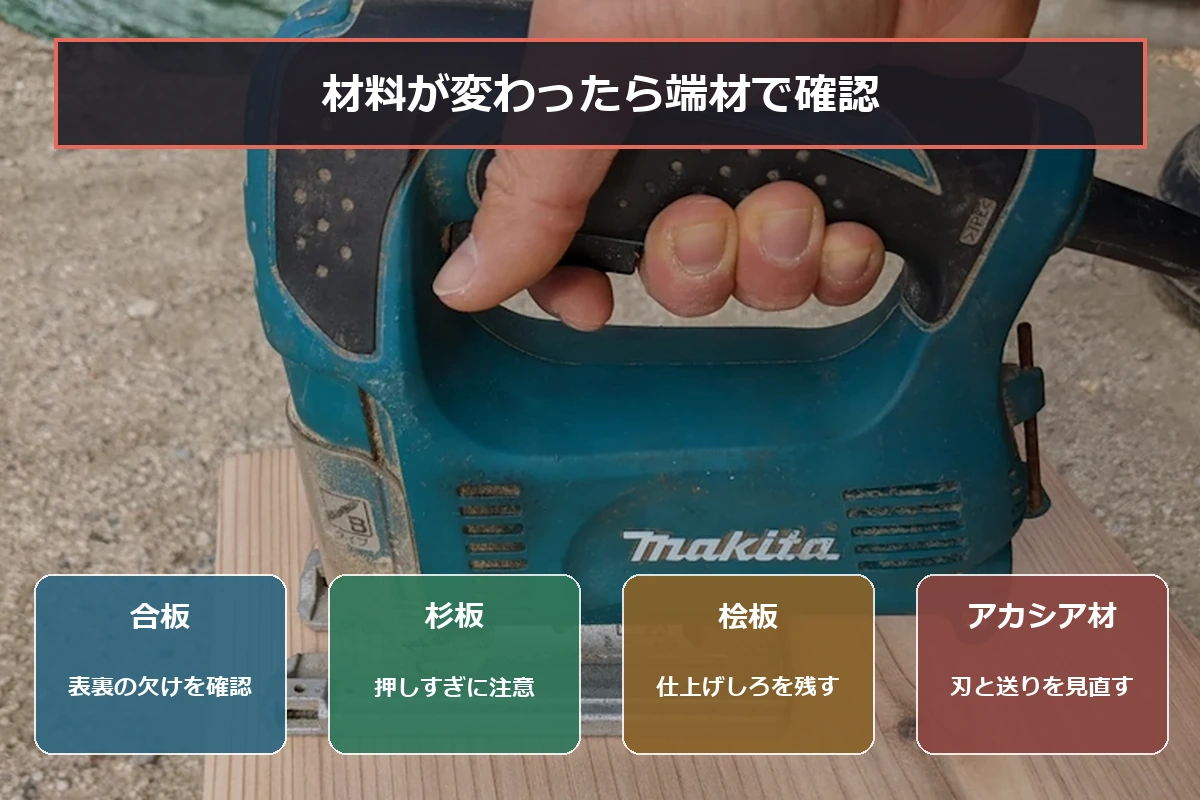 合板・杉板・桧板・アカシア材をジグソーで切るときの確認点をまとめた図解