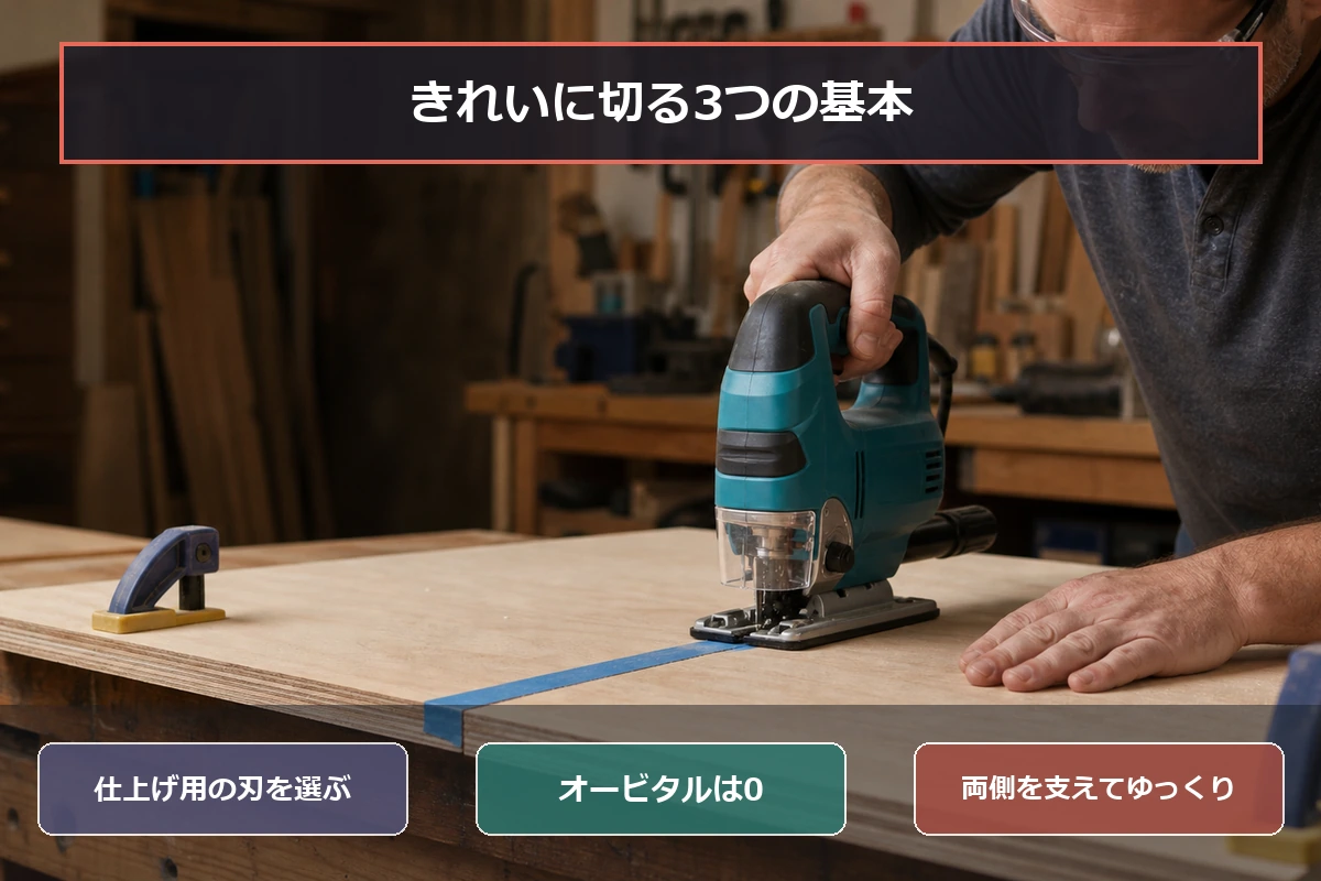 仕上げ用の刃、オービタル0、材料の両側支持でジグソーの切断面を整える3つの基本