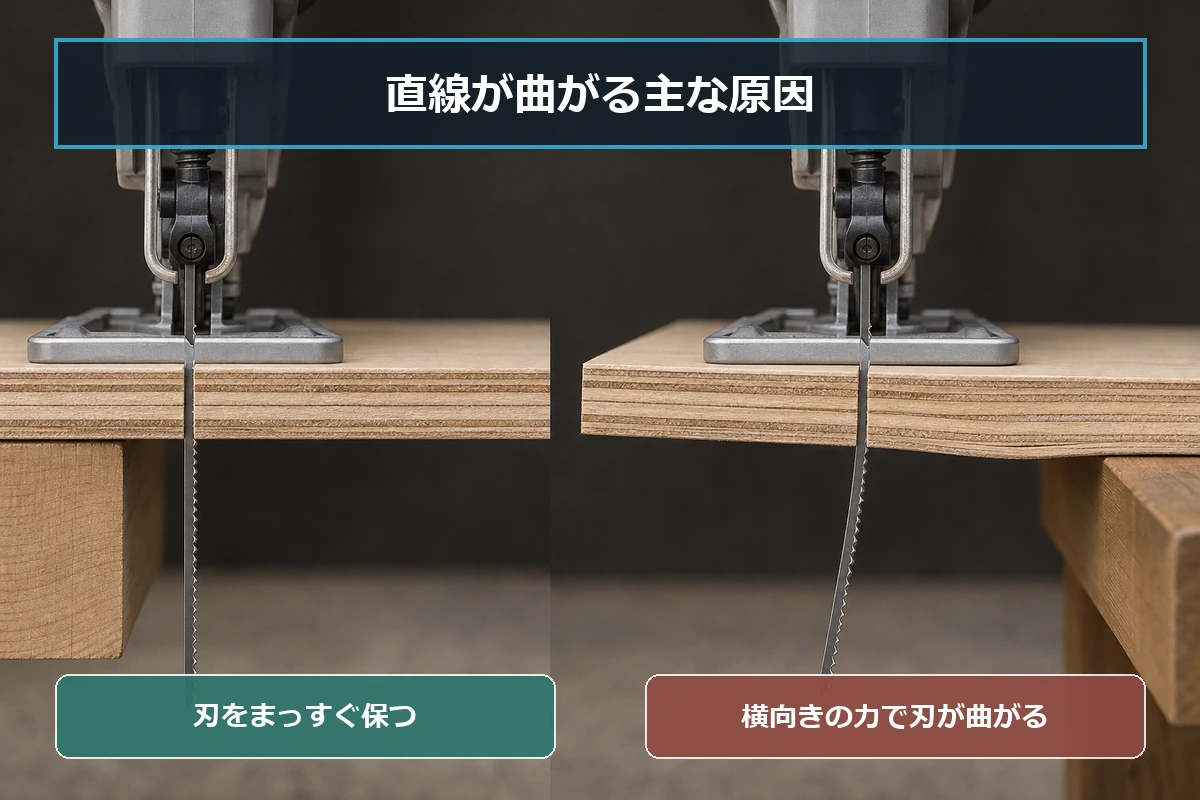 材料を支えて刃をまっすぐ保つ状態と、材料のたわみで刃に横向きの力がかかる状態の比較図