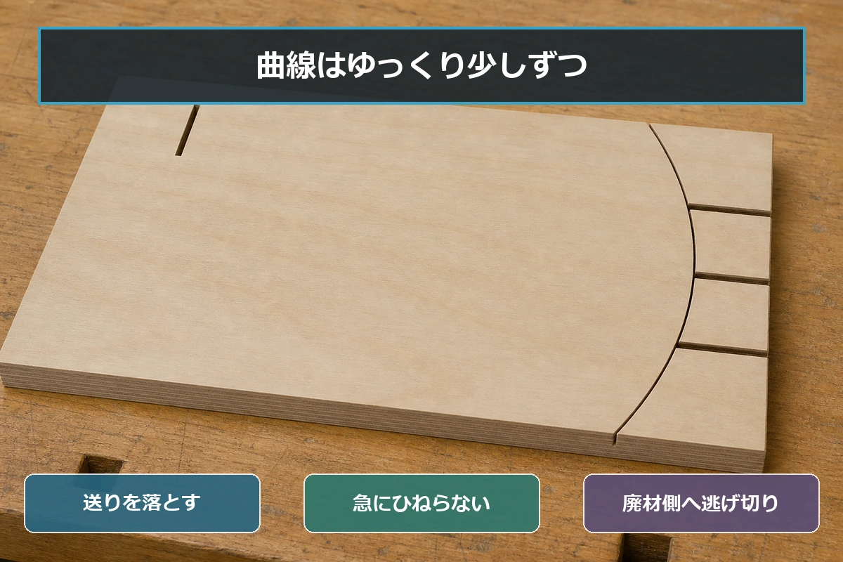 曲線切りで送りを落とし、急に本体をひねらず、廃材側へ逃げ切りを入れるコツの図