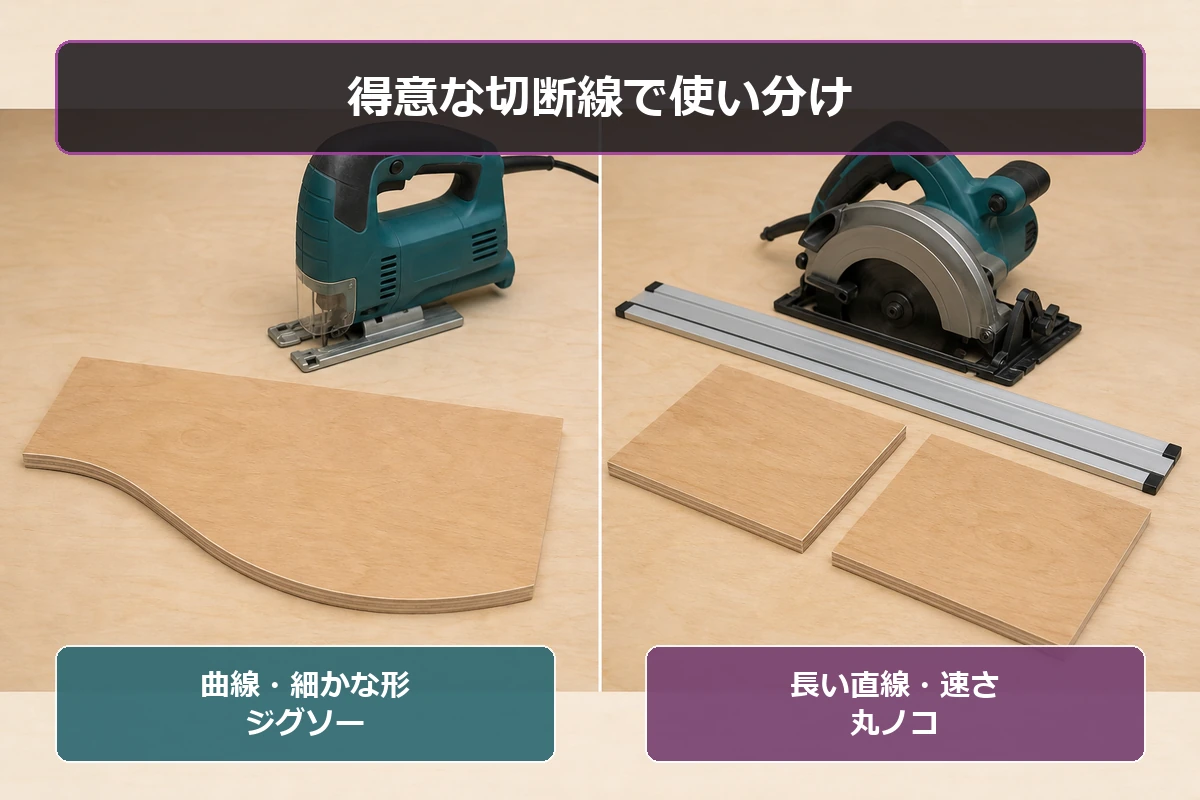 長い直線をそろえやすい丸ノコと、曲線へ合わせやすいジグソーの切断面と速度を比べた図解