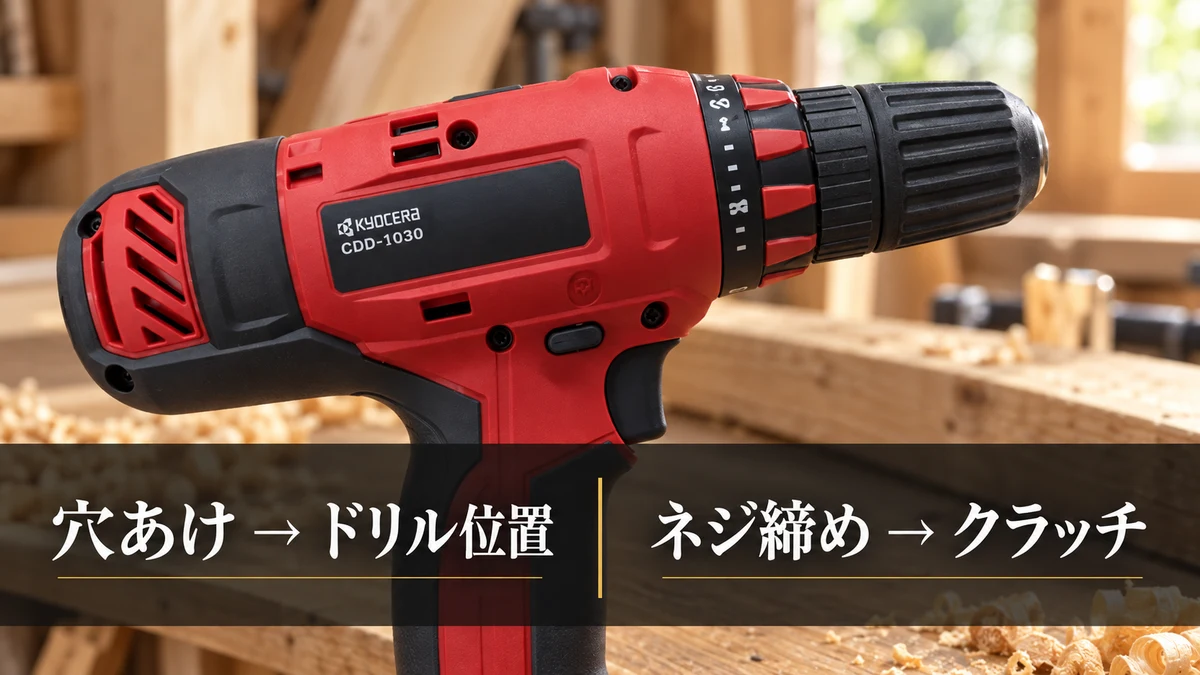 CDD-1030の穴あけではドリル位置、ネジ締めではクラッチを選ぶという切り替えを示すイメージ図