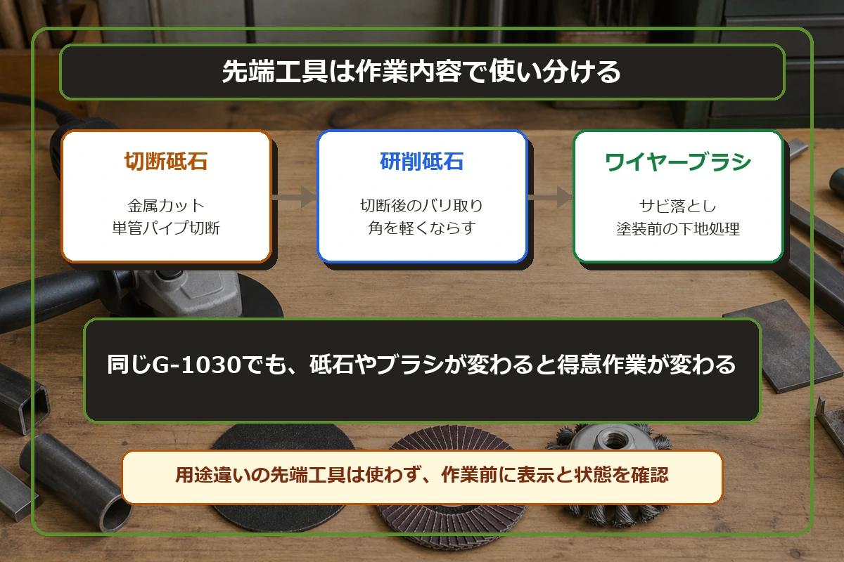 京セラG-1030で切断砥石、研削砥石、ワイヤーブラシを作業内容で使い分ける図解