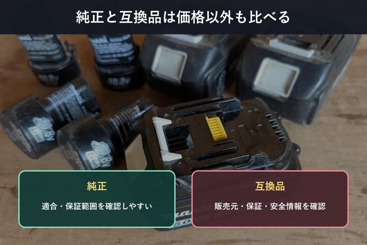マキタ18Vバッテリーの純正品は適合と保証範囲、互換品は販売元と安全情報を確認する図解