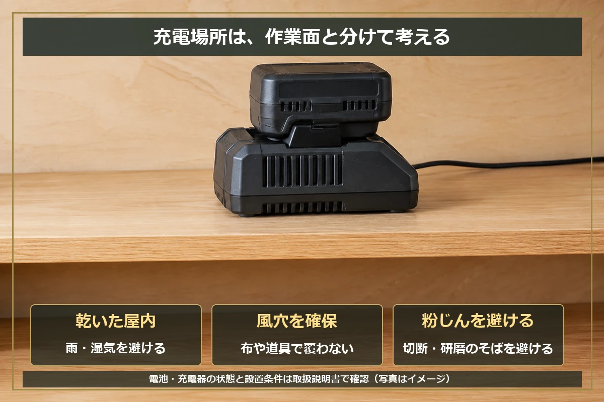 充電器は乾いた屋内に置き、風穴をふさがず、切断や研磨の木くずがかかる場所を避ける図解
