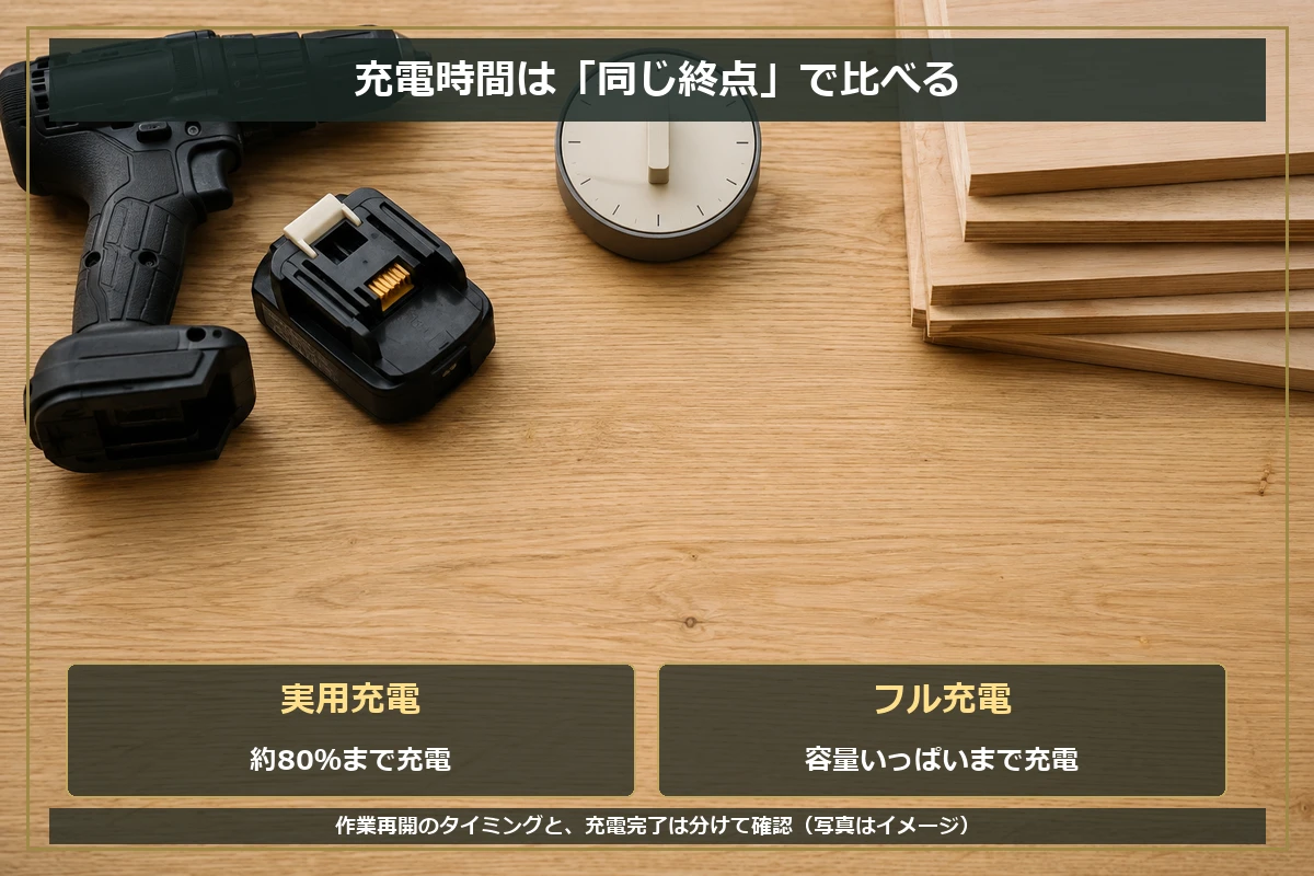 充電時間はフル充電同士で比較し、作業の途中で再開する場合も実用充電とフル充電を区別する図解