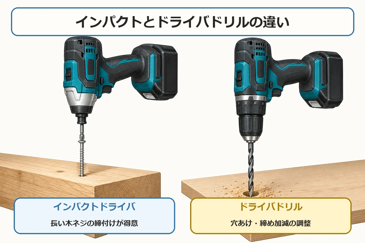 インパクトドライバとドライバドリルの用途の違い
