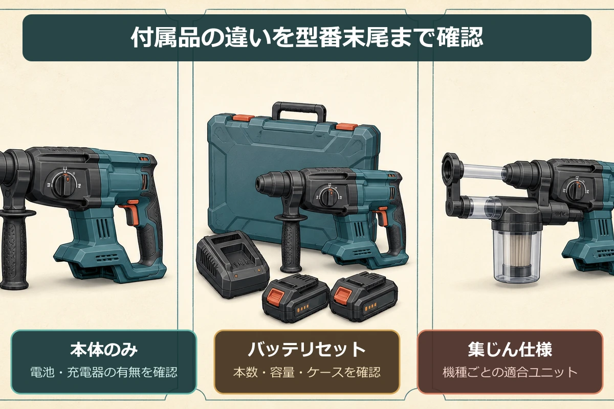 本体のみ、バッテリ充電器セット、集じんシステム付きの違いを比較する図