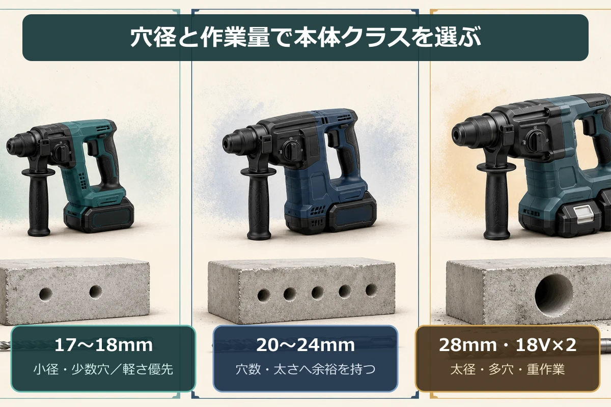 小径少数は17から18mm、穴数増加は20から24mm、重作業は28mmを検討する選び方の図