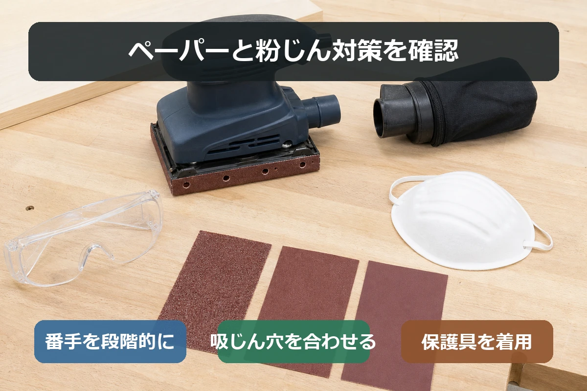 マキタBO4555のペーパー取り付けと、ダストバッグ・保護具を使った粉じん対策の要点をまとめた図解