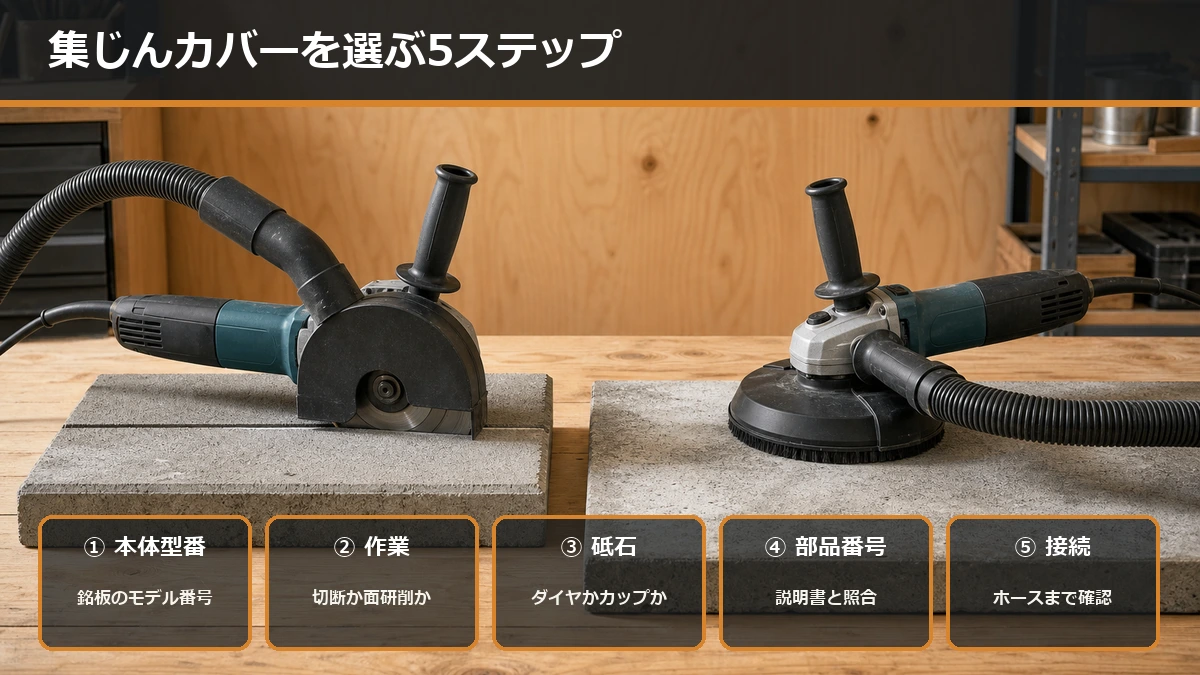 本体型番、切断か面研削か、砥石、部品番号、ホースの順で集塵カバーを選ぶ流れ