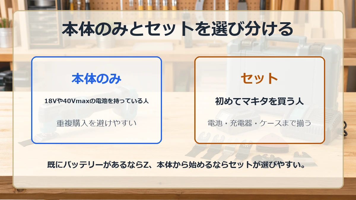 マキタの電動マルチツールを本体のみとセットで選び分ける図解