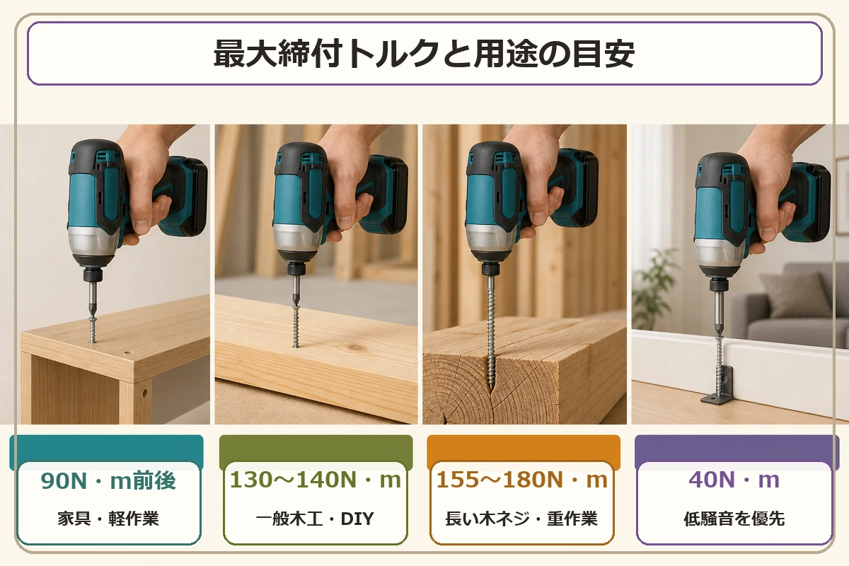 マキタの充電式インパクトドライバーの最大締付トルクと用途の目安