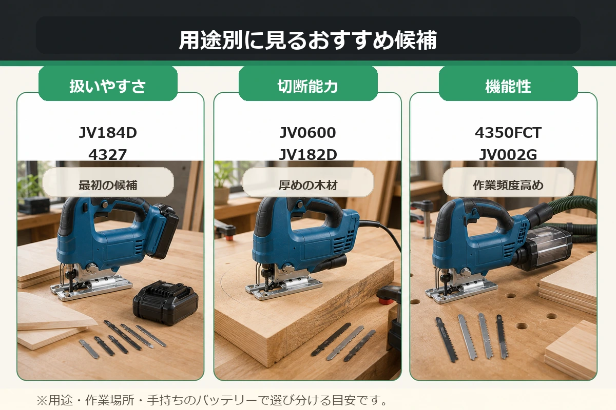 マキタのジグソーを用途と機能で選ぶポイントの図解