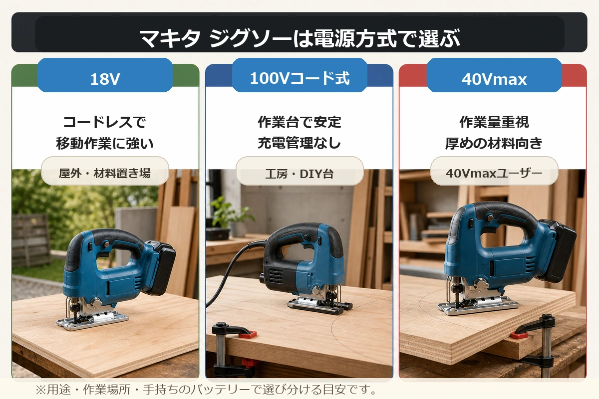 マキタのジグソーを18V充電式と100Vコード式で選び分ける図解