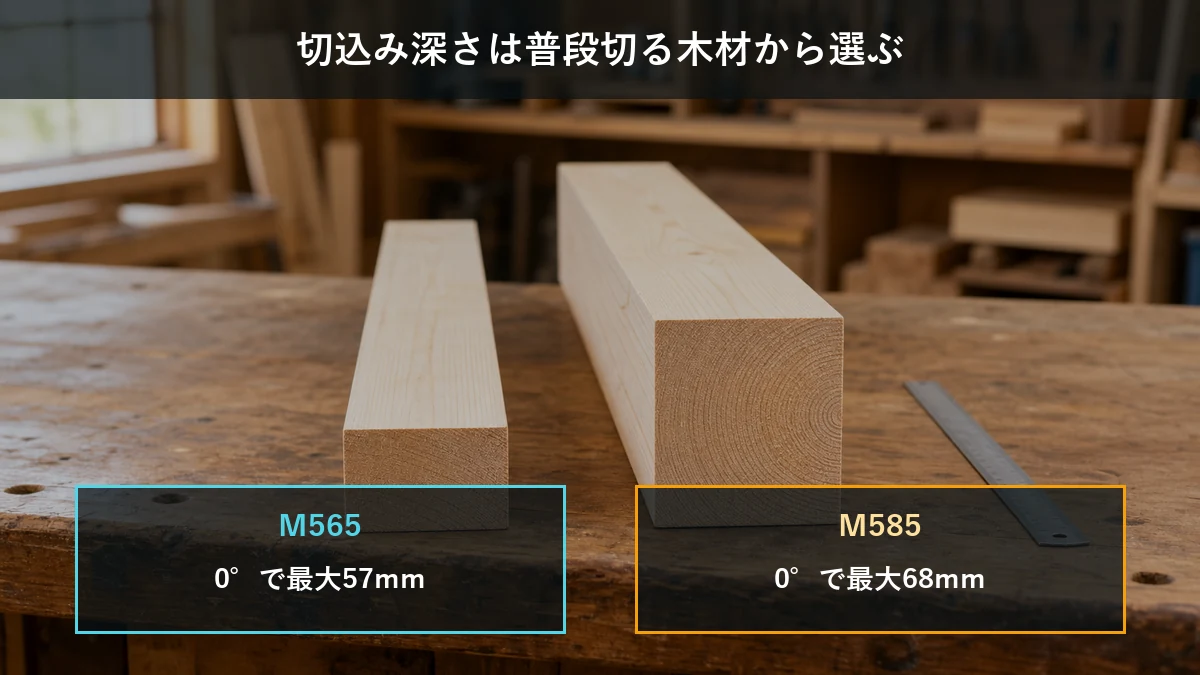 木材の厚みと傾斜切断からマキタM565・M585を選ぶ考え方を示した図解