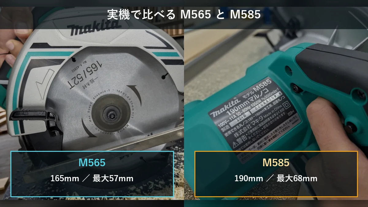 マキタM565とM585を刃径、切込み深さ、本体サイズで比較した図解
