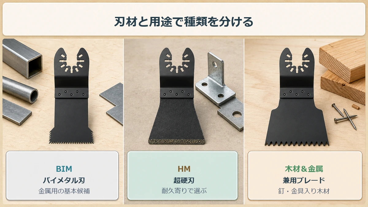 マキタのマルチツール替刃をバイメタル刃・超硬刃・木材＆金属用ブレードで選び分ける図解
