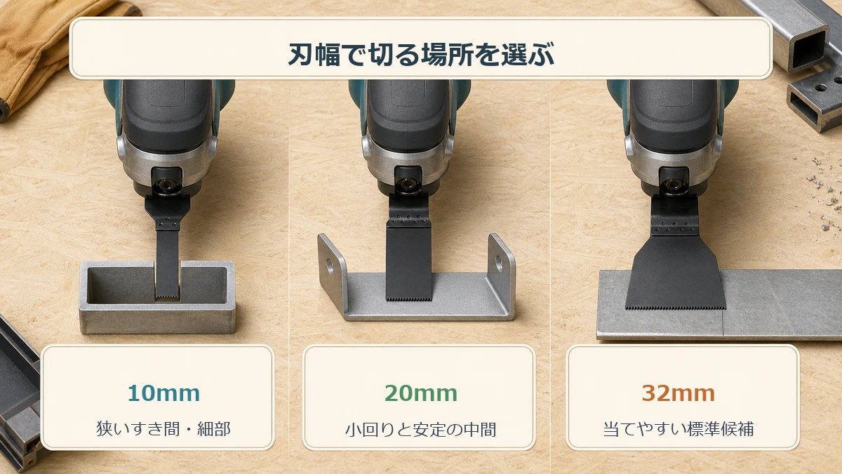 マキタのマルチツール金属用替刃を幅10mm・20mm・32mmで使い分ける図解