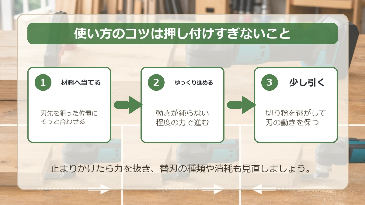 マキタのマルチツールの使い方コツ：材料へ当てる・動きが鈍くならない程度に進める・押し付けすぎないの3ポイント