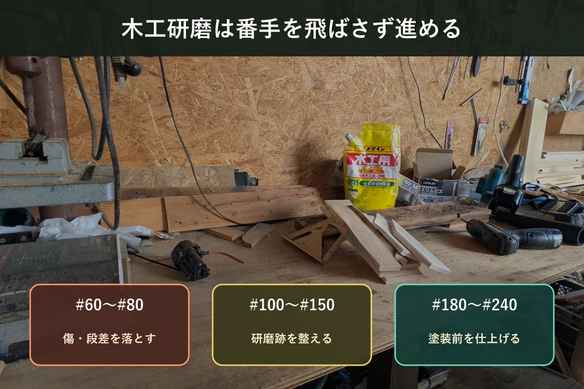木材研磨で#60〜#80・#100〜#150・#180〜#240を使い分ける図解