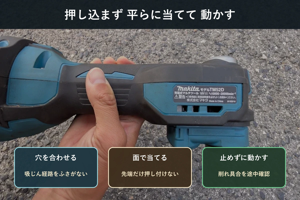 マルチツール研磨で吸じん穴を合わせ、面で当て、止めずに動かす手順の図解