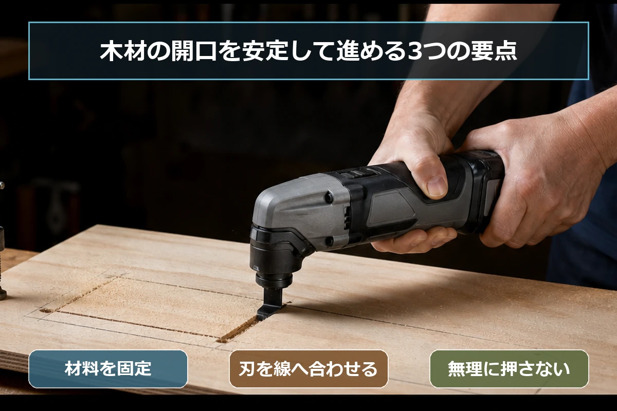 木材をマルチツールで開口するときの材料固定・刃の位置・押し付け方をまとめた図解