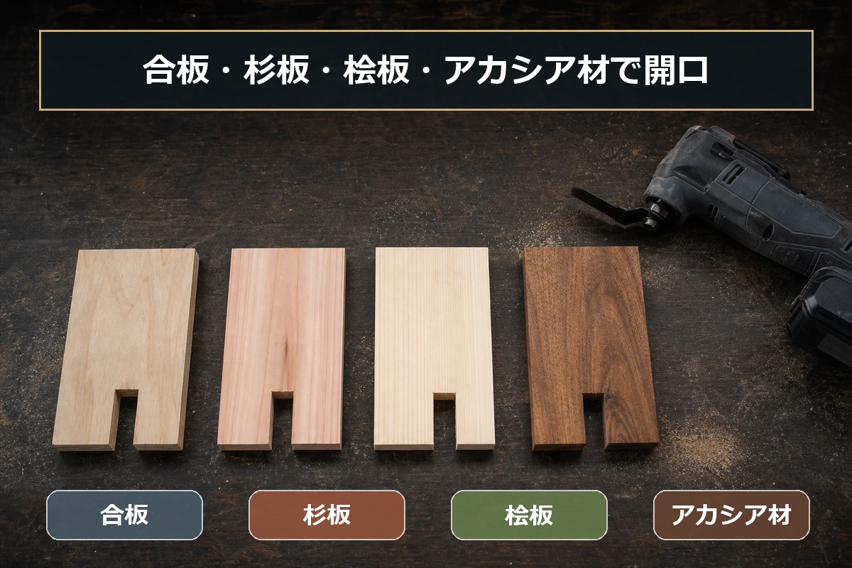 合板・杉板・桧板・アカシア材をマルチツールで開口するイメージをまとめた図解