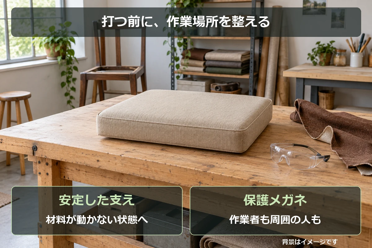 タッカー作業の準備として、材料が動かない支えと作業者・周囲の保護メガネを確認する図解