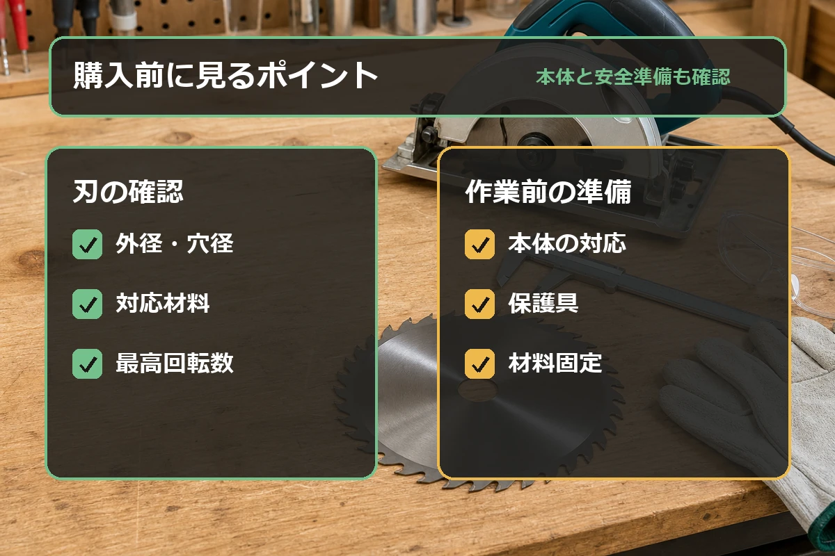 金属チップソーを選ぶ前に外径・穴径・対応材料・回転数・安全準備を確認する図解