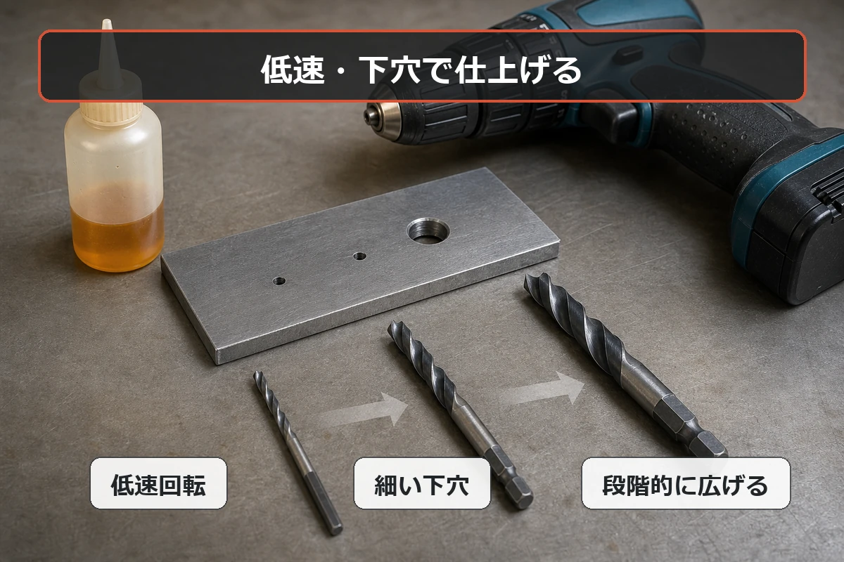 細い下穴から大きな穴へ段階的に広げ、切削油を使って金属穴あけする図解