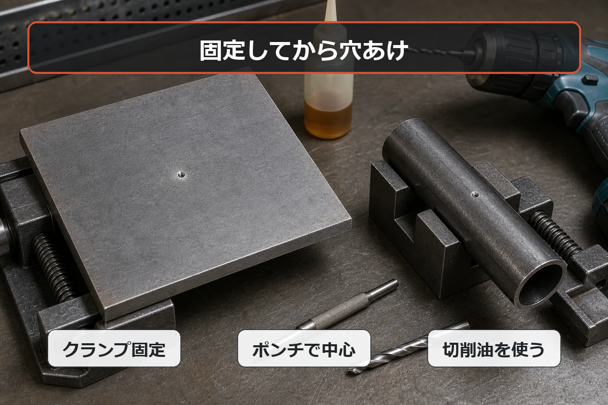 鉄板と単管パイプを固定し、ポンチと切削油を使って鉄工用ドリルビットで穴あけ準備をする図解