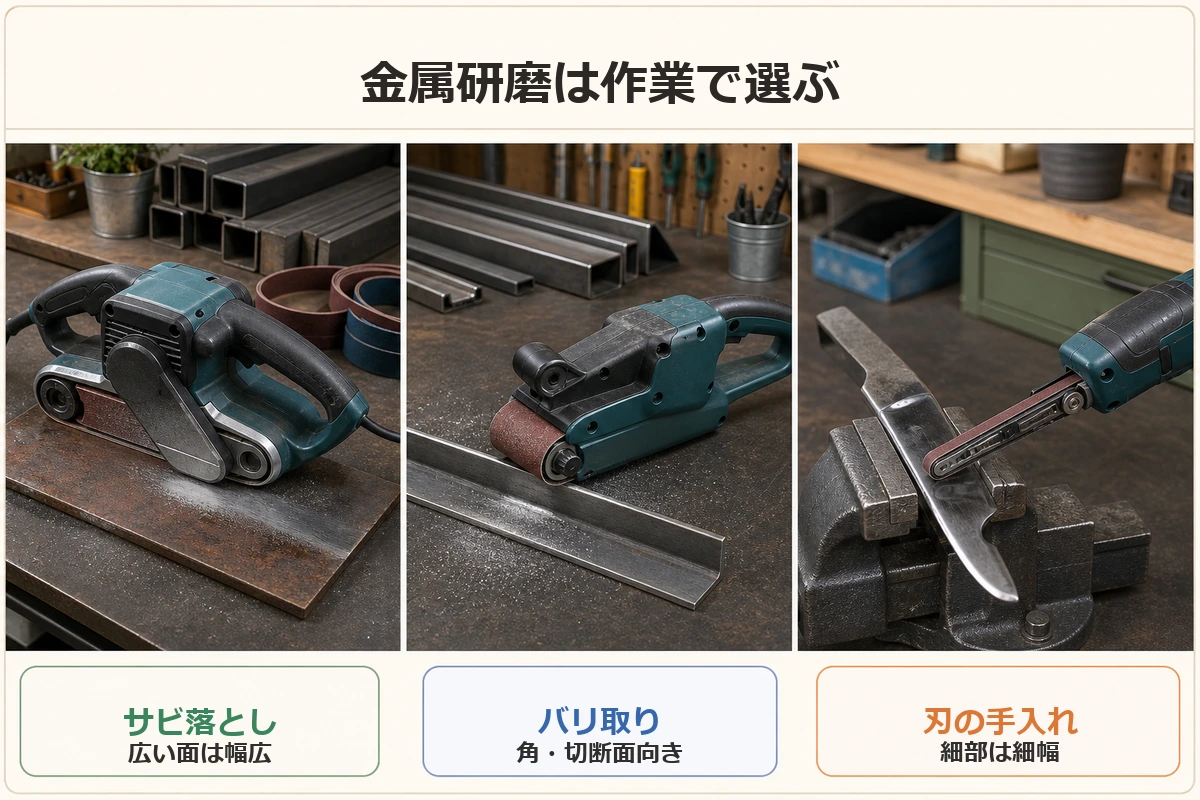 金属研磨の作業別にサビ落としは幅広、バリ取りは中幅、刃の手入れは細幅のベルトサンダーが向くことを示した図解