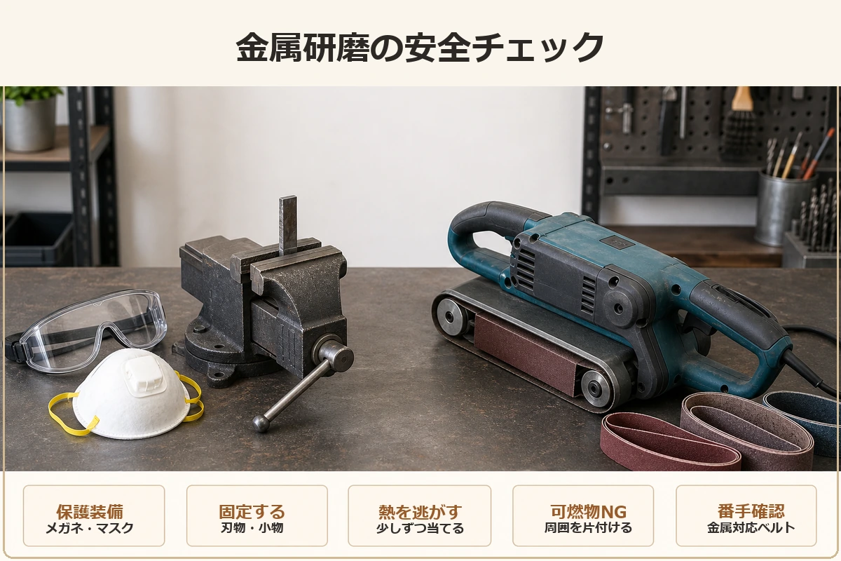 金属研磨で保護装備、固定、熱対策、可燃物を置かないこと、番手確認が必要なことを示した安全チェック図解