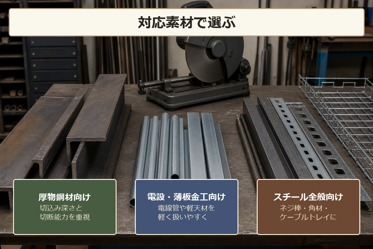 厚物鋼材はしっかりした切込み深さのモデル、電設・薄板金工は軽量モデル、スチール全般は汎用モデルが向くことを示した図解