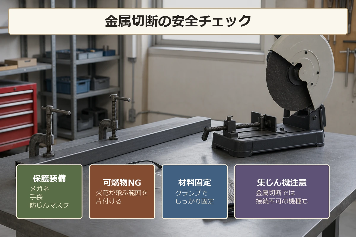 金属切断で保護メガネ・手袋・防じんマスク、可燃物を置かないこと、材料の固定、集じん機を使わない注意が必要なことを示した安全チェック図解