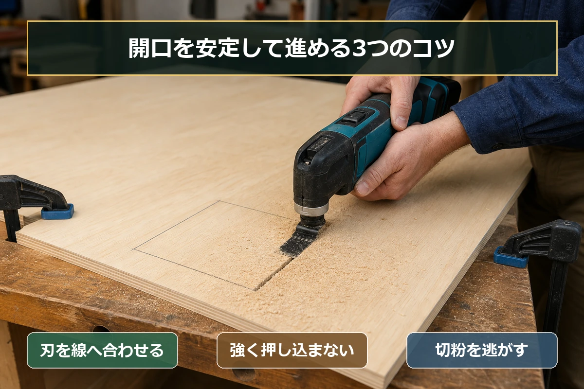 マルチツールで木材を開口するとき、刃を線へ合わせて押しすぎず切粉を逃がすコツを示す図解