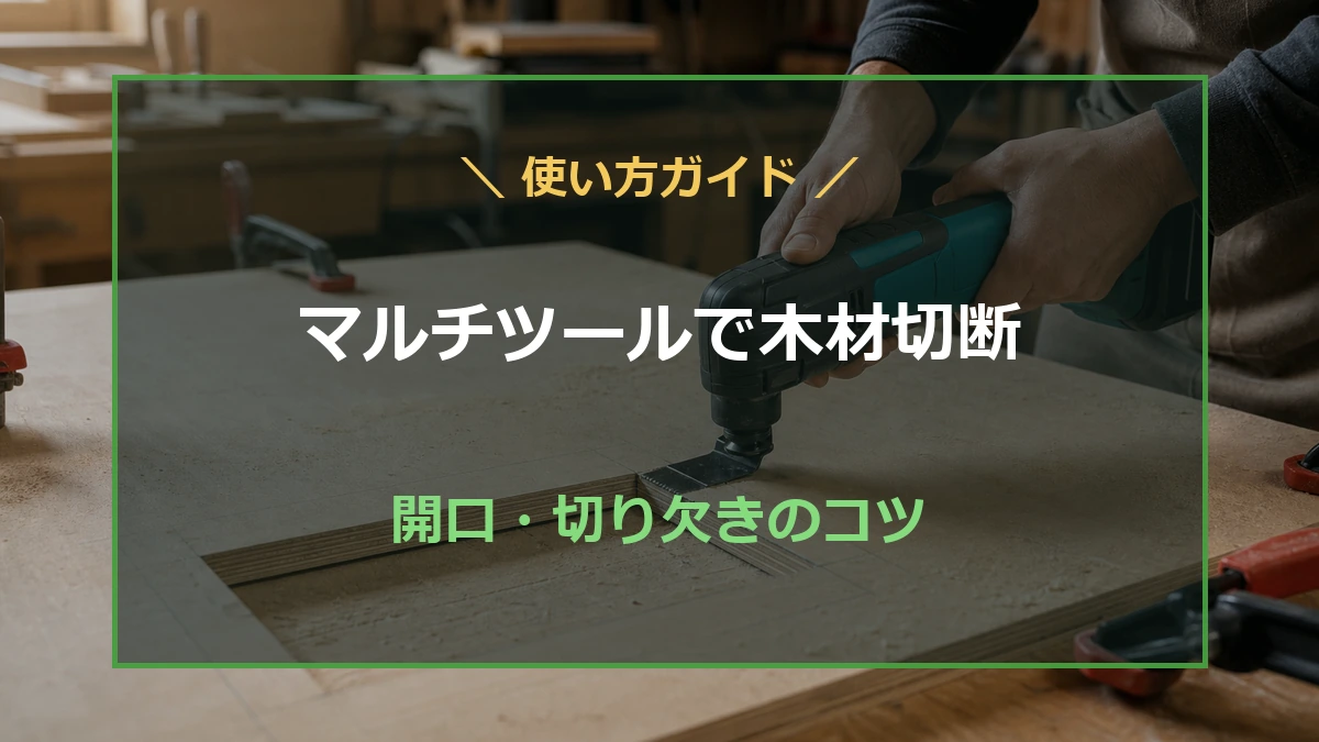 マルチツールで合板を開口する作業を背景に、木材切断と切り欠きのコツを示すアイキャッチ