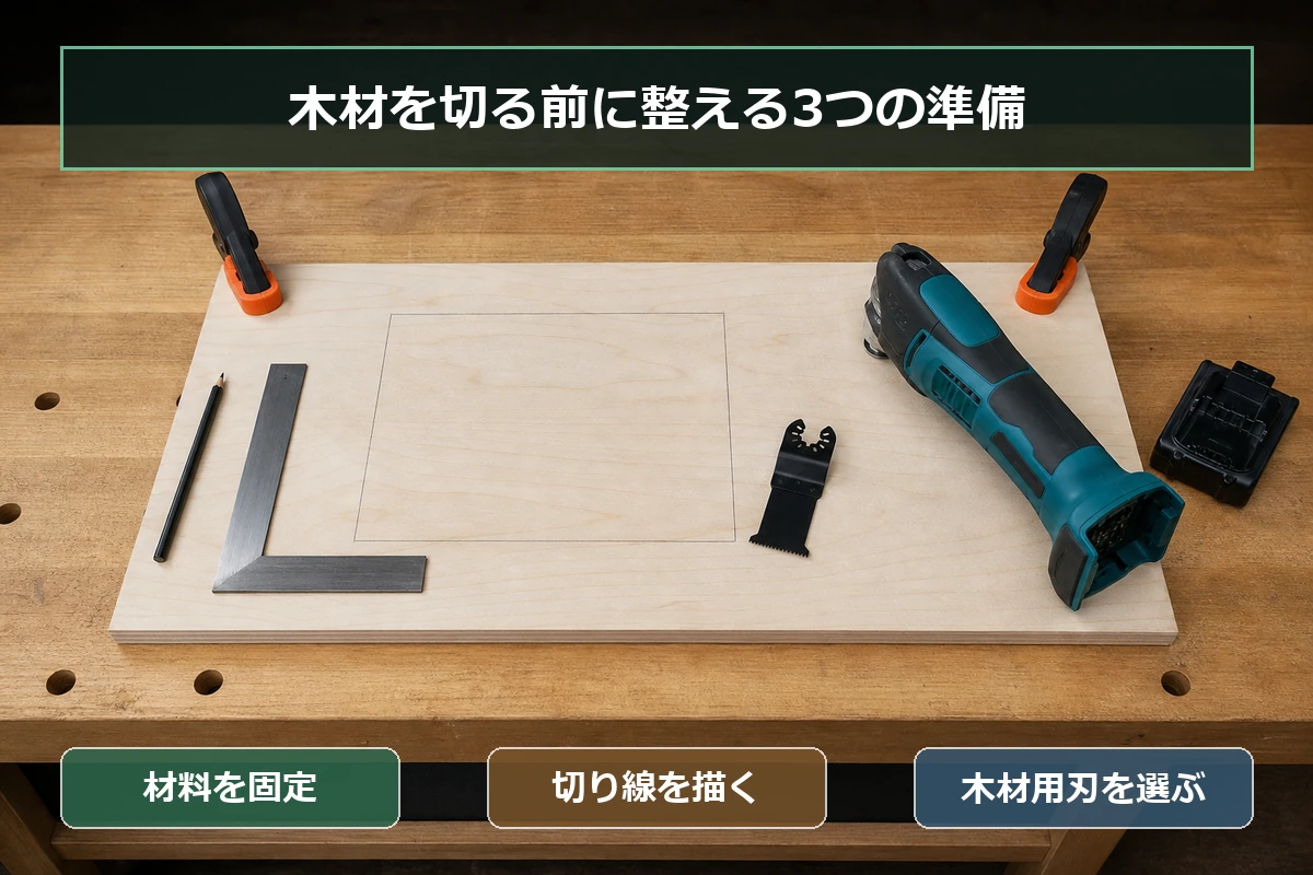 マルチツールで木材を切る前に、材料固定・切り線・木材用替刃を準備するポイントを示す図解