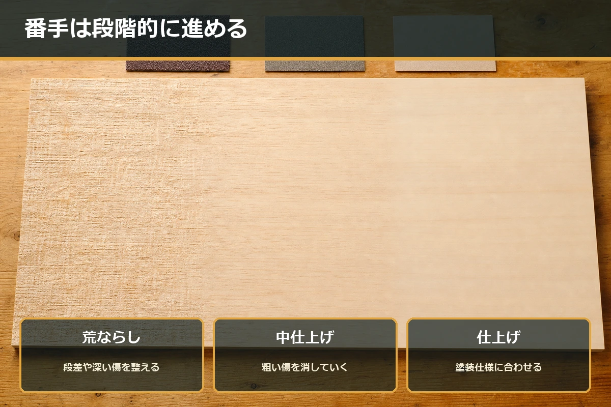 荒ならし、中仕上げ、塗装前の仕上げへと番手を段階的に上げる木工の研磨工程の図解