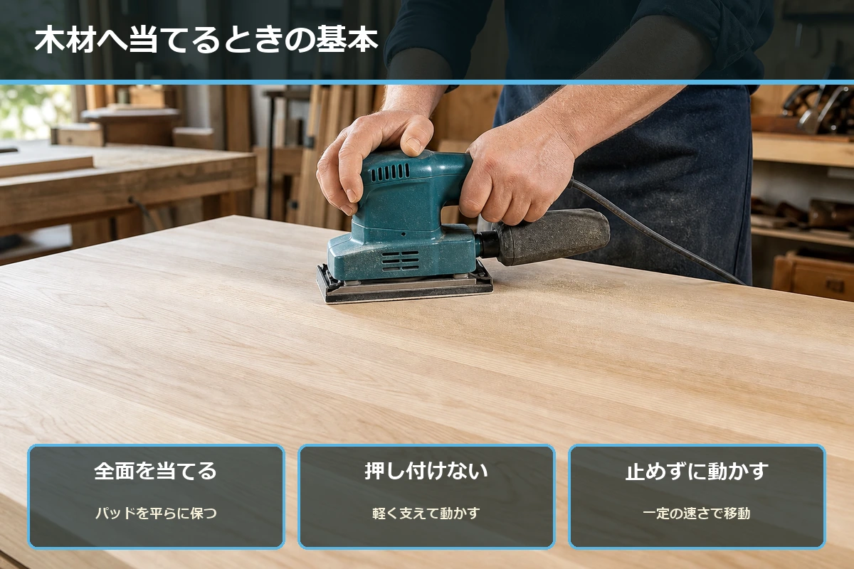 オービタルサンダーのパッド全面を材料へ当て、押し付けずに一定の速さで動かす当て方の図解