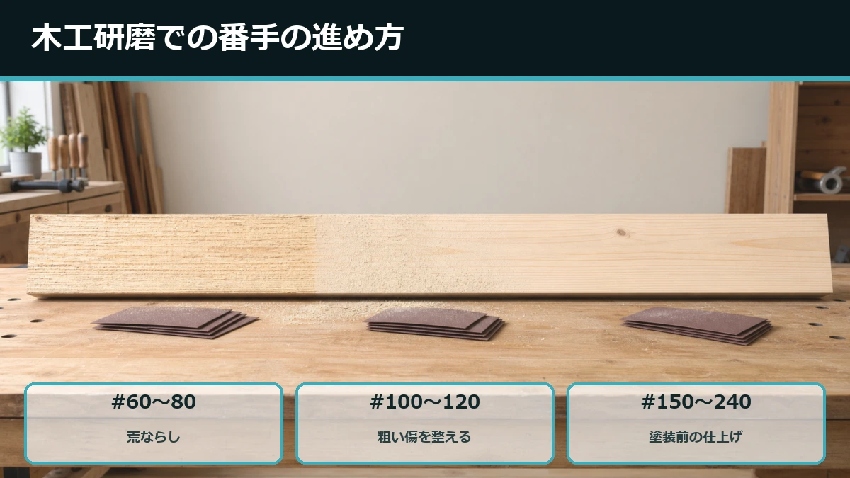 木工の荒ならし#60〜#80、中仕上げ#100〜#120、塗装前の仕上げ#150〜#240を示した番手の図解