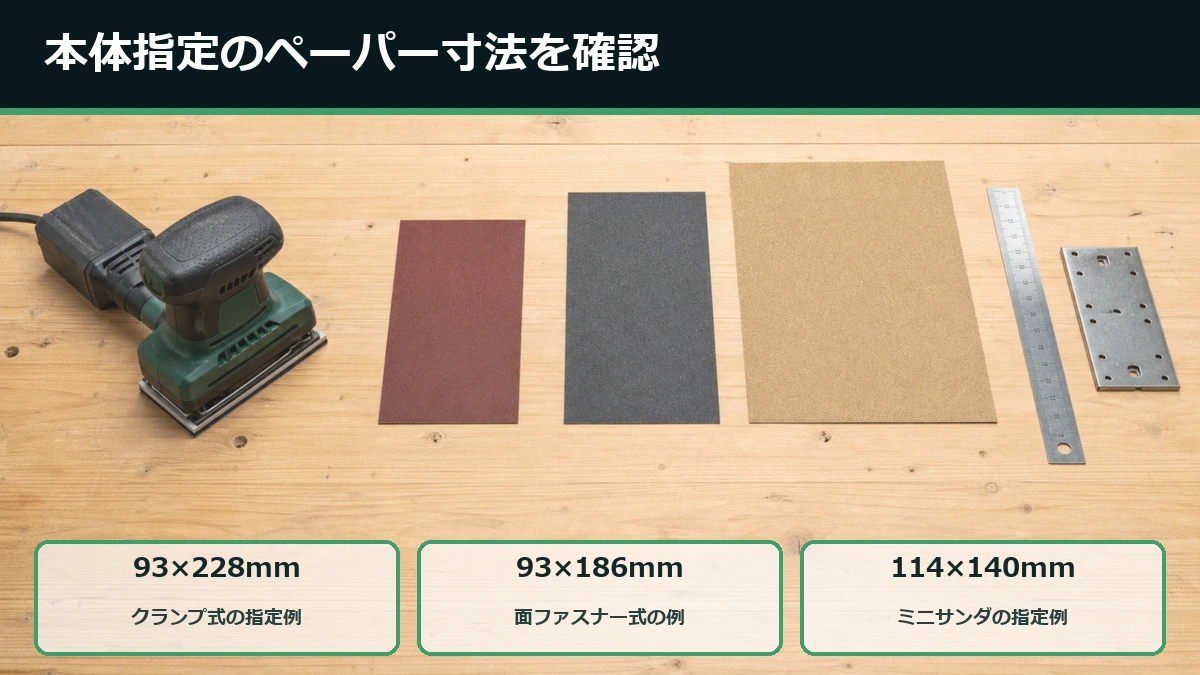 93×228mm・93×186mm・114×140mmなどオービタルサンダー用ペーパーのサイズを比べた図解
