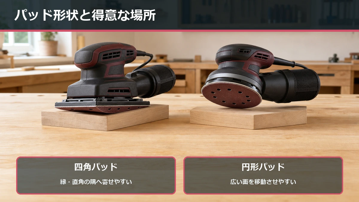 四角いパッドのオービタルサンダーと円形パッドのランダムサンダーを並べ、板のどこに当てられるかを比べた図解