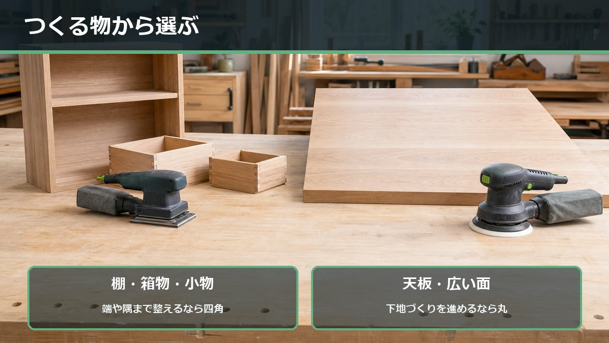 棚板や箱物の隅寄りはオービタルサンダー、天板や広い面の下地づくりはランダムサンダーという木工作業別の使い分け図解