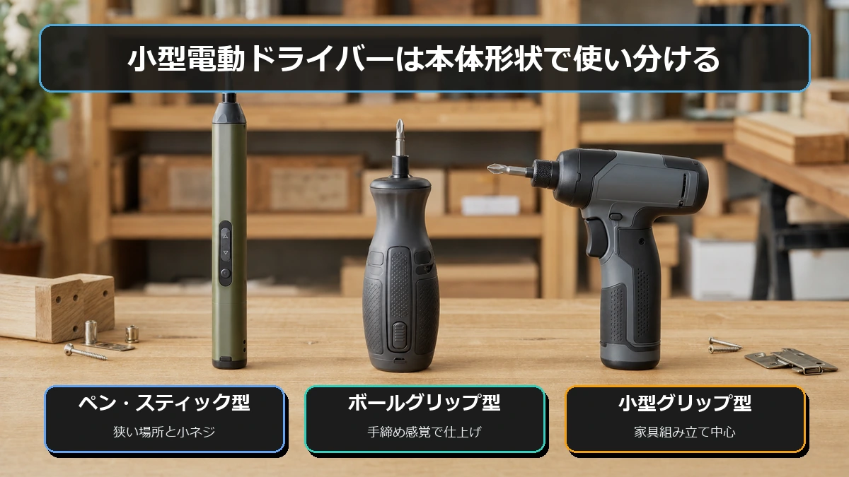 小型電動ドライバーのペン型、スティック型、ボールグリップ型の違いを示した図解