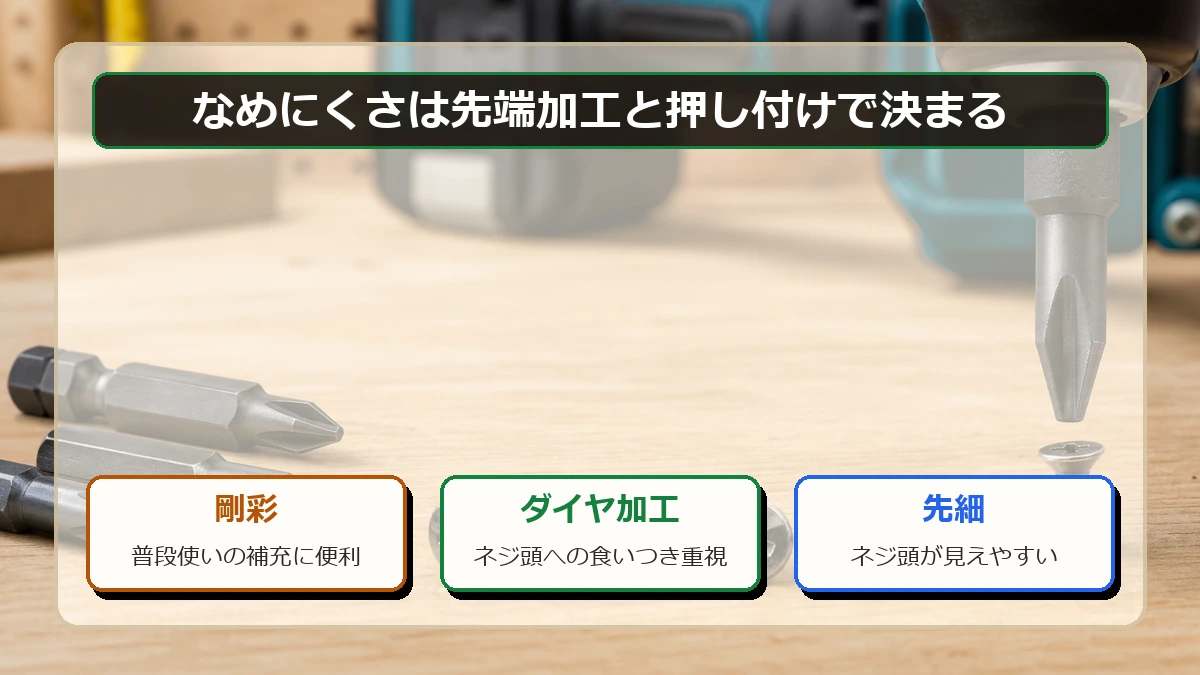 なめにくいプラスドライバービットは先端加工で選ぶ図解