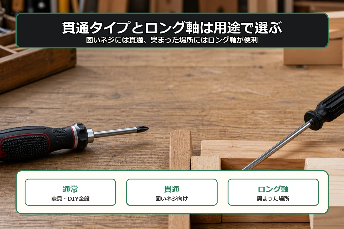 通常タイプ、貫通タイプ、ロング軸タイプを用途別に選び分けるプラスドライバー図解