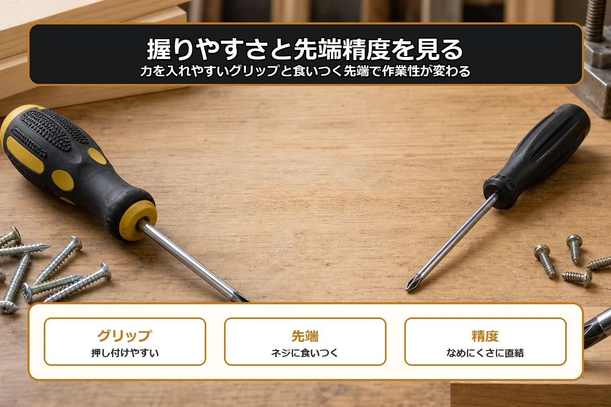 握りやすいグリップと精度の高い先端がプラスドライバーの使いやすさを左右することを示した図解