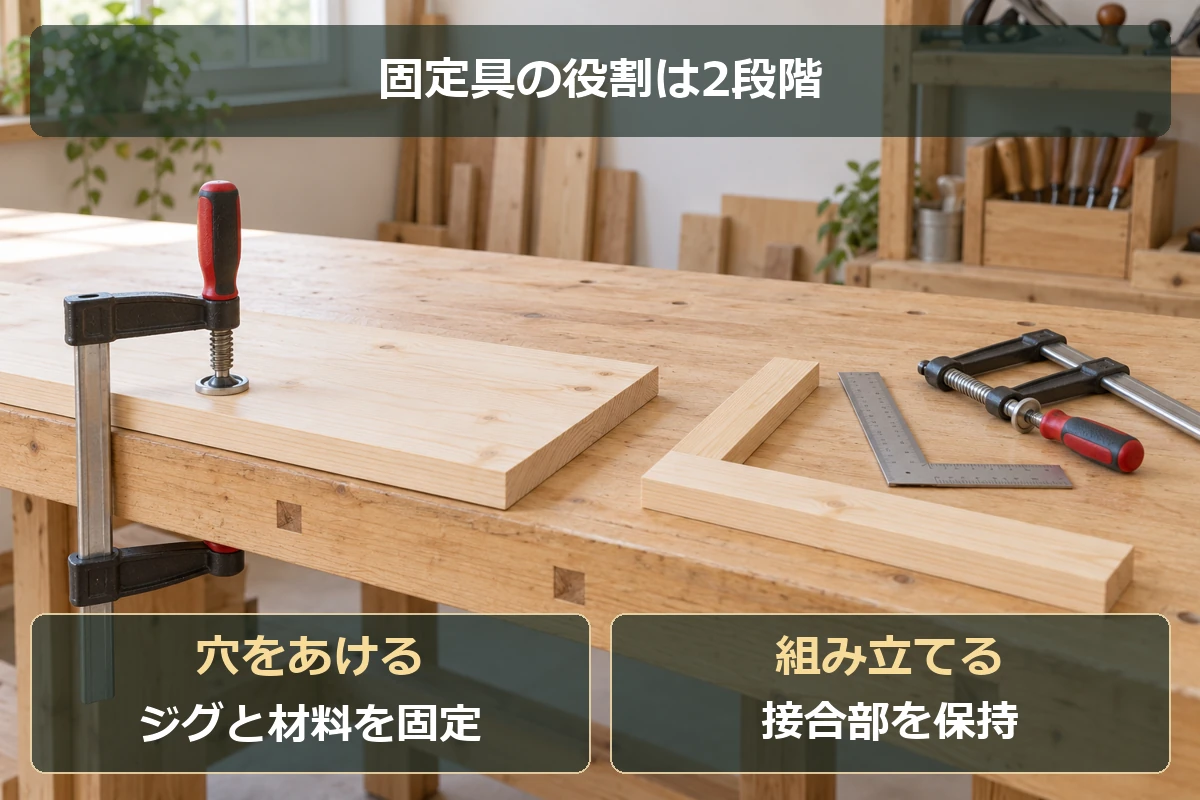 穴あけ時はジグと材料、組み立て時は接合部を保持する固定具の役割